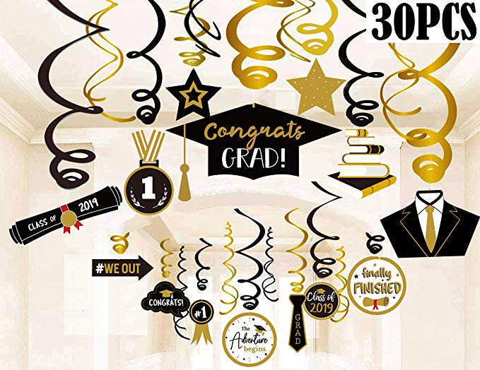 Graduation Decorations 2019 Grad Hanging Swirls - Graduation Party Supplies Gold Black Decorations(30PCS)