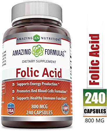 Amazing Formulas Folic Acid - 800 mcg - 240 Capsules - Provides Energy Support - Supports Red Blood Cell Production - Bolsters The Immune System *