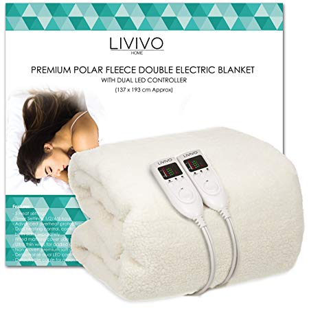 LIVIVO ® Premium Polar Fleece Electric Blanket with Dual LED Controller –Soft and Comfortable Heated Fitted Mattress Cover Sheet with 5 Heat Settings and Timer Function – Overheat Protection (Double))