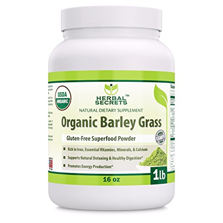 Herbal Secrets Organic Barley Grass Gluten Free, USDA Certified Organic, 16 oz 1lb - Raw, Vegan, Kosher ,Non GMO Super Food Powder-Promotes Energy production