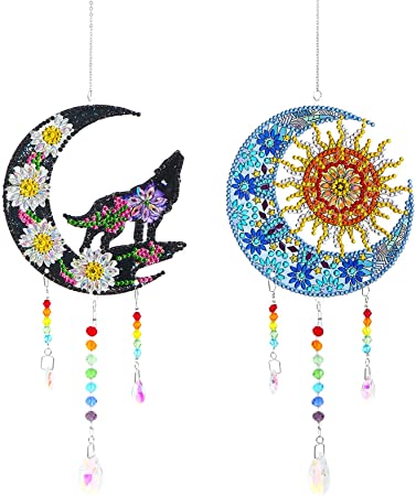 2 Pack 5D Moon Wolf Diamond Painting Suncatcher Wind Chime Double Sided Crystal Gem Paint by Number Kit DIY Sun Diamond Paintings Hanging Ornament for Home Garden Decor Adults Kids(Moon Wolf, Sun)