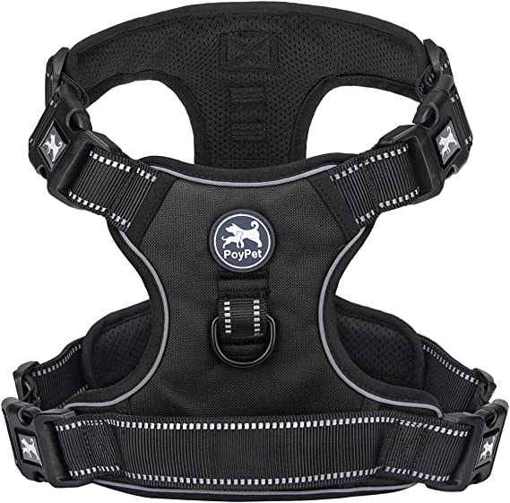 PoyPet No Pull Dog Harness with 4 Snap Buckles, Reflective with Front & Back 2 Leash Hooks and an Easy Control Handle [NO Need Go Over Dog’s Head]( Black,XL Plus)