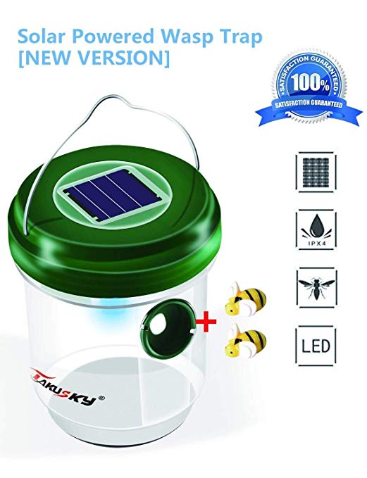 TAKUSKY Wasp Trap Catcher,Bee trap,Hornet Repellent,Solar Powered Trap with Ultraviolet LED Light for Waterproof Wasps,Hornets, Yellow Jackets, Bees, Bugs in Home Garden[NEW VERSION]