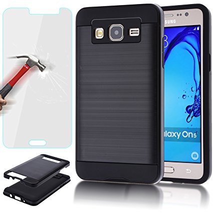 Galaxy On 5 Case,AUU Dual Layer Slim Brushed Metal Texture Full Body Impact Resistant Armor Shockproof Heavy Duty Skin Cover Shell For Samsung Galaxy On5 Black   Tempered Glass Screen Protector