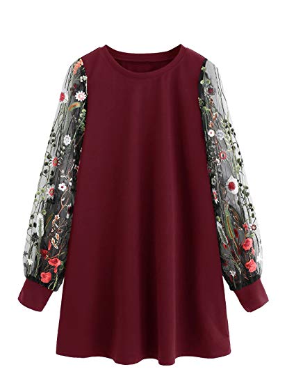 DIDK Women's Velvet Tunic Dress with Embroidered Floral Mesh Bishop Sleeve