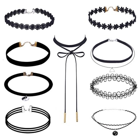 Outee 9 Pieces Black Velvet Chokers Necklaces, Stretch Tattoo and Black Bead Chokers Necklaces