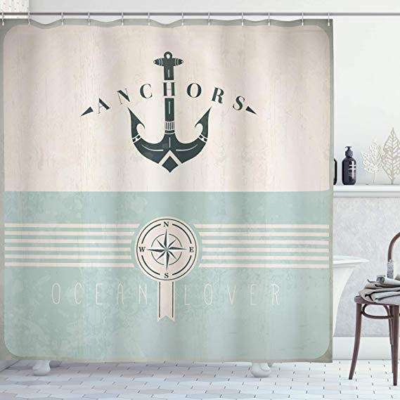 Ambesonne Nautical Shower Curtain, Vintage Marine Design for Ocean Lovers Anchor Compass and Stripes, Cloth Fabric Bathroom Decor Set with Hooks, 70" Long, Beige Turquoise