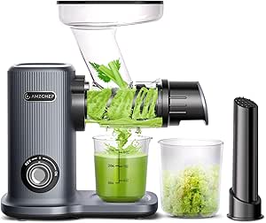 AMZCHEF Compact Cold Press Juicer Machine - Extracteur De Jus with 50mm Large Feed Chute and Tray, Masticating Juicer with 8 Section Spiral Auger, Quiet Motor Slow Juicer for Vegs and Fruits - Grey