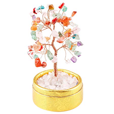 rockcloud Feng Shui Natural Crystal Mini Money Tree in Box Decoration for Wealth and Luck Mixed Stone