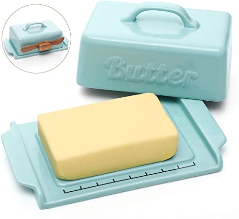 DOWAN Butter Dish with Lid - Covered Butter Dish with Wooden Knife and Groove Design, Large Porcelain Butter Dishes with Covers, Perfect for East/West Butter, Blue