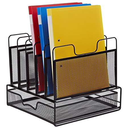 ProAid Office Mesh Desktop Organizer Letter Sorter Paper File Folder - 5 Vertical Sections with Drawer Tray, Black