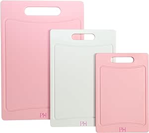 Paris Hilton Cutting Boards, Dual-Sided Cutting Board Set with Built-in Juice Grooves, Easy-Grip Handles, Heavy-Duty Plastic Made without BPA, Dishwasher Safe, 3-Piece Set, Pink and Cream