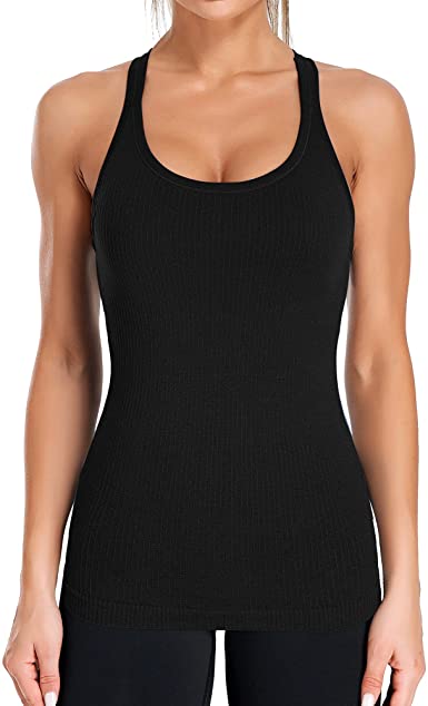 ATTRACO Ribbed Workout Tank Tops for Women with Built in Bra Tight Racerback Scoop Neck Athletic Top