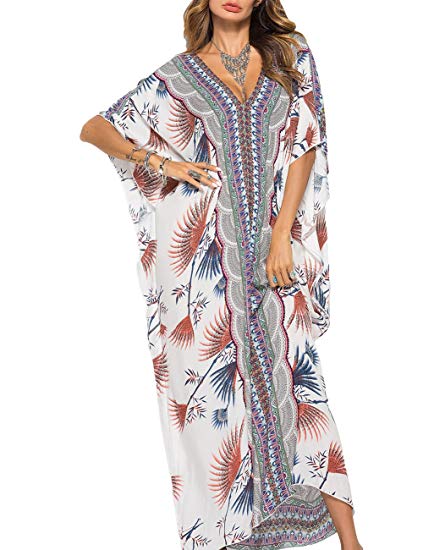 Bsubseach Women Bathing Suits Cover Up Ethnic Print Kaftan Beach Maxi Dress