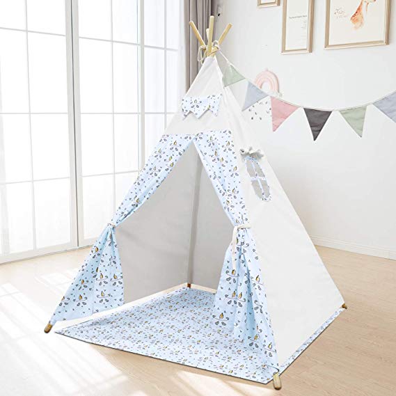 Jadlisea Teepee Tent for Kids, Indian Play Tent for Indoor Outdoor, Childrens Playhouse Tent with Banner & Floor Mat & Carry Case, Cotton Canvas Princess Tipi Wigwam for Girls and Boys (Blue)