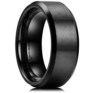 King Will Basic Men Wedding Black Tungsten Ring 8mm Matte Finish Beveled Polished Edge Comfort Fit