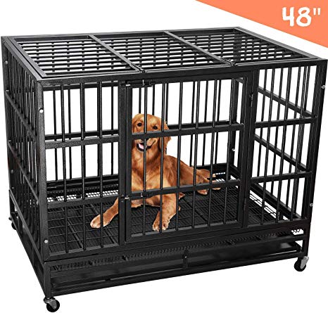 Lemberi Heavy Duty Dog Cage Crate, Pet Kennel Strong Metal for Training Large Dog, Easy to Assemble, with Two Prevent Escape Lock, Lockable Wheels, Removable Tray for Indoor Outdoor