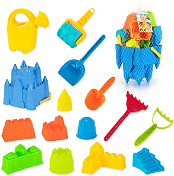 Beach Sand Toys Set, 15 Pcs Children's Beach Toys, Including Castle Sand Mold, Beach Bucket, Pattern Roller, Watering Can, Beach Shovel, Rake and Reusable Mesh Bag