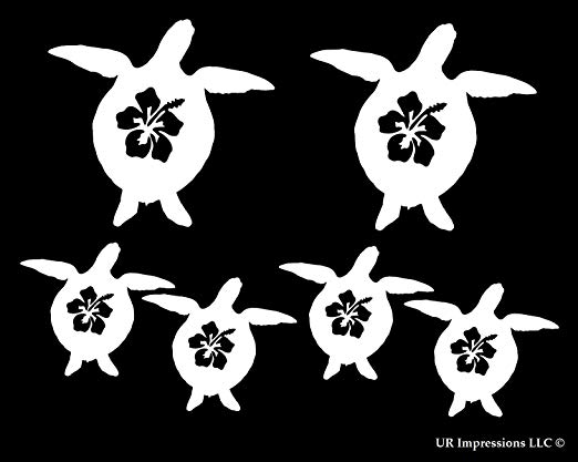 Fam 6 Hibiscus Flower Sea Turtle Family of 6 Decal Vinyl Sticker Graphics for Cars Trucks SUV Vans Walls Windows Laptop|White|1 @ 3.8 X 3.5-1 @ 3.5 X 3.3-4 @ 2.6 X 2.4 inch|URI494