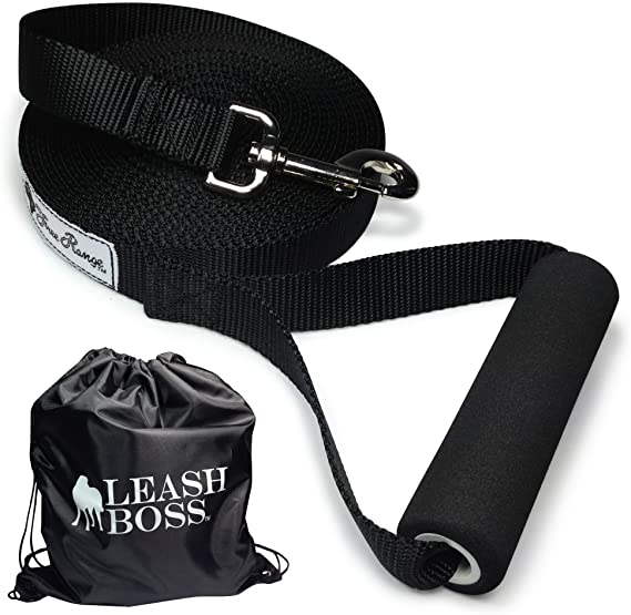 Leashboss Free Range - Long Dog Leash for Large Dogs   Drawstring Backpack - 1 Inch Nylon Training Lead with Padded Handle (Black)