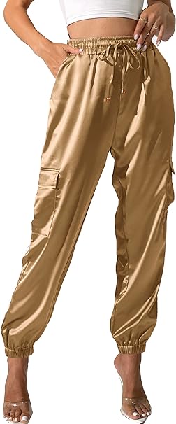 Women's Satin Cargo Joggers Pants Dressy Casual Silky Elastic High Waist Trousers