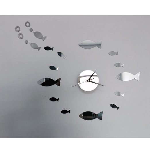 DIY Fish Hypothenar Wall Clock Silent Hanging Watch Home Decor Mirror Face Wall Sticker Silver