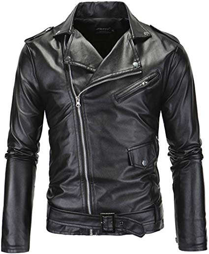 Mens Causal Belted Design Slim Pu Leather Biker Zipper Jacket Coat Faux Leather Motorcycle Jacket