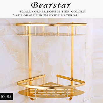 Bearstar Space Aluminum Wall Mounted 2-Tier Corner Shelf Shower Caddy Utility shelves with Hook for Bathroom Kitchen,Polished Golden