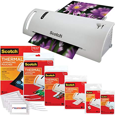 Scotch Thermal Laminator Combo Pack Holds Sheets Up To 8.5" x 11(TL902A) 110 Piece Assorted Pouch Sizes & Scotch Brand Luggage Tags
