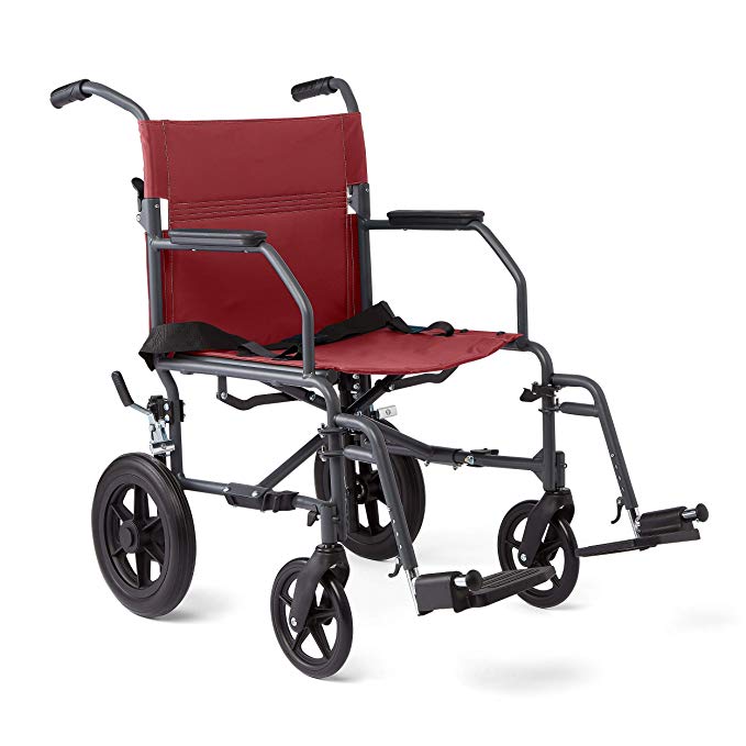 Medline Transport Wheelchair with Lightweight Steel Frame, Microban Antimicrobial Protection, Folding Chair is Portable, Large 12 inch Back Wheels, 19 inch Wide Seat, Red