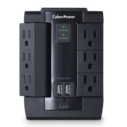 CyberPower CSP600WSU Surge Protector 6-AC Outlet Swivel with 2 USB (2.1A) Charging Ports