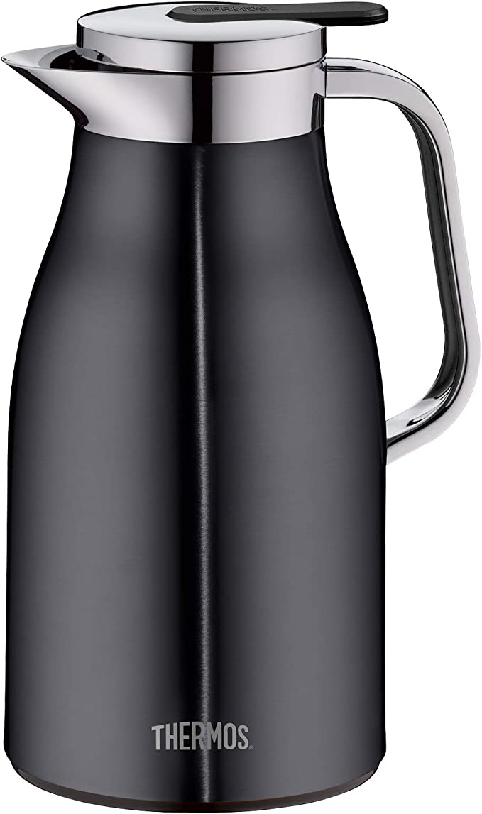 THERMOS Century 4046.256.100 Thermos Flask 1 Litre Stainless Steel Blue Glass Insert One-Handed Pouring Button Keeps Hot 12 Hours Ideal as a Coffee Pot or Teapot Pot for 8 Cups