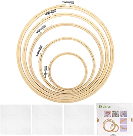 Sherbo 5 Pieces Embroidery Hoops Set 4 to 10.2 Inch Bamboo Circle Hoop Ring and 3 Pcs Embroidery Fabric Cross Stitch Cotton of 14 Count Aida Fabric for DIY Floss Starter of Sewing Crafts Kits