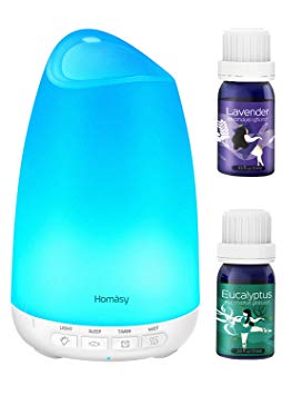 Homasy Aromatherapy Diffuser & Essential Oil Set, 150ml Mini Ultrasonic Diffuser with Sleep Mode, Lavender   Eucalyptus(10ml/Bottle), Auto-Off and 8 Color LED Lights for Room Baby