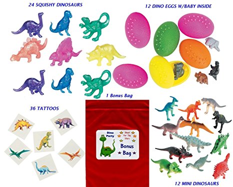 84 pc Dinosaur Kid's Birthday Party Favor Bundle Pack (12 Dinosaur eggs, 24 Squishy Dino's, 36 Tattoos, 12 mini dinosaurs, Bonus Bag)