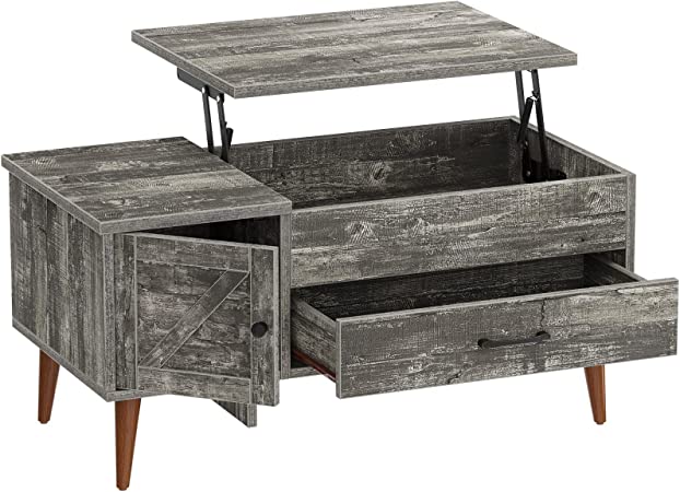 Rolanstar Lift Top Coffee Table with Drawer, Hidden and Open Compartment, 39.4" Living Room Tables with Barn Door Grey Coffee Table with Lift Top and Wooden Legs for Home, Office