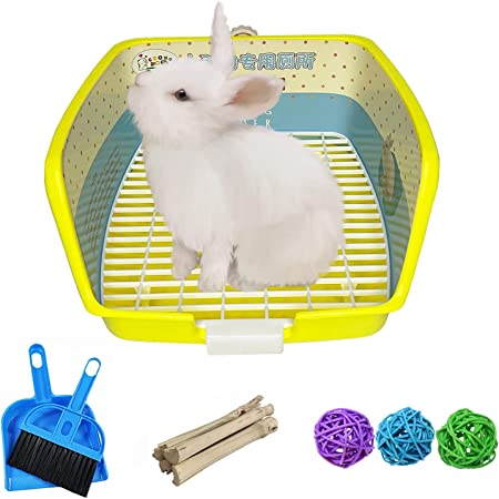 kathson Bunny Litter Box Pets Toilet Small Animal Potty Trainer Corner Litter Bedding Box Plastic Square Cage Box Pet Pan for Guinea Pig/Hamter/Ferret/Galesaur (Yellow)