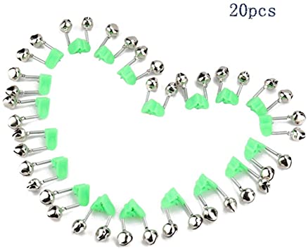 BB Hapeayou Fishing Bells，20 Pcs Loud Sound Fishing Rod Bell with Plastic Clip Style and Dual Metal for Rods (Green and Silver Tone)