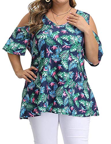 Allegrace Women's Plus Size Floral Printing Cold Shoulder Tunic Top Short Sleeve V Neck T Shirts