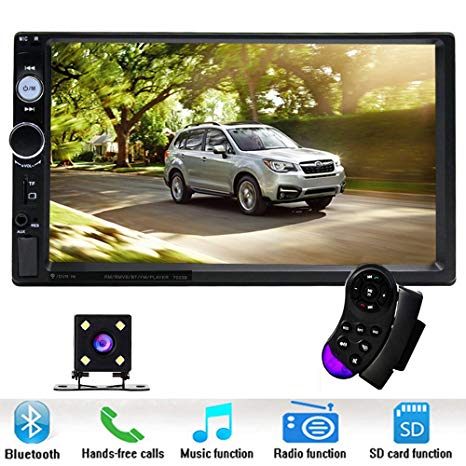 Podofo Car Stereo Audio Double Din Radio, 7" Touchscreen Digital LCD Monitor,MP3/USB/SD AM/FM, Bluetooth, Wireless Remote Control,Rear View Camera