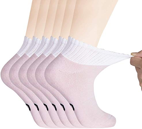 MD Women's 6 Pairs Non-Binding Bamboo Diabetic Ankle Socks with Seamless Toe and Cushion Sole,Pink 9-11
