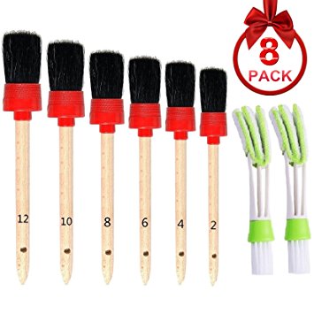 ONEST Natural Boar Hair Premium Detail Brush (Set of 6), Auto Detailing Brush Set for Cleaning Weels, Interior, Exterior, Leather and 2 pcs Automotive Air Conditioner Cleaner and Brush