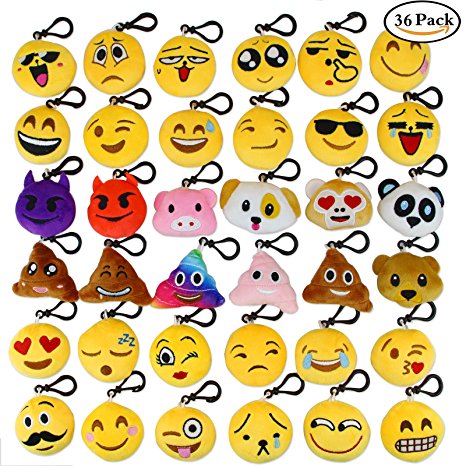 Dreampark Mini Cute Emoji keychain [36 Pack] Plush Pillows Kids Party Supplies Favors, Emoticon Key chain Toy Decorations, 2" Set of 36