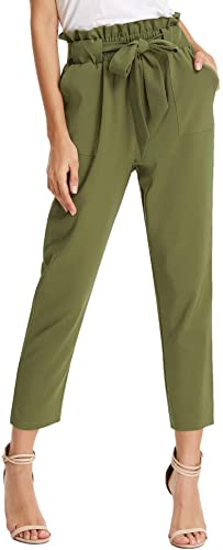 KANCY KOLE Women Paper Bag Pants High Waist with Pockets Tie Casual Cropped Trousers S-XXL