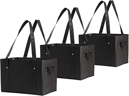 Earthwise Deluxe Collapsible Reusable Shopping Box Grocery Bag Set with Reinforced Bottom Storage Boxes Bins Cubes (Set of 3) (Black)