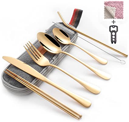 Shell and Turtle Travel Utensil Set, Reusable Utensils with Case, Camping Cutlery Set, Portable Flatware including Knife Fork Spoon Chopsticks Cleaning Brush Straws Multi-Tool Dish Cloth (Gold)