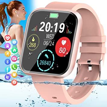 Pradory Smart Watch, Bluetooth Smartwatch for Android iOS Phones, IP67 Waterproof Fitness Watch with Heart Rate Blood Pressure Monitor Touch Screen Pedometer Sports Tracker Watch for Women Men Pink