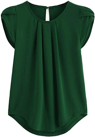 Milumia Women's Casual Round Neck Basic Pleated Top Cap Sleeve Curved Keyhole Back Blouse