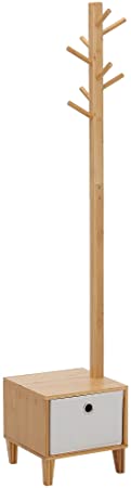 HOMCOM Perchero de Pie de Bambú Tipo Árbol con Banco Cajón de Tela y 8 Ganchos para Colgar Ropa Bolsas Bombreros para Entrada Salón Pasillo 35x35x177 cm Natural