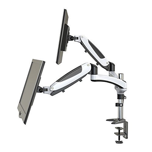 Ergonomic Dual Monitor Arm - Full Motion Monitor Mount Gas Powered Height Adjustable Swivel Tilt - VESA 75-100mm Fits Two 15-27 Inch LCD Screens, Each Arm Holds 8KG - C Clamp Desktop Mount